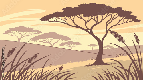 Serene African Savanna Landscape Design featuring acacia trees and tall grass ideal for branding and logos