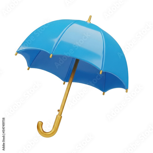 3d icon of a blue umbrella with a gold handle isolated on transparent background