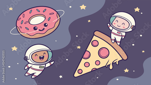 Adorable kawaii astronauts float in a pastel space scene with a happy donut planet and a huge cheesy pizza slice, a fun cosmic adventure illustration.