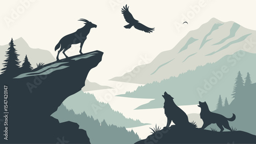 Majestic Mountain Wildlife Silhouettes Vector Art with Goat on Cliff Wolves Howling Eagle Flying Over Serene Wilderness Landscape