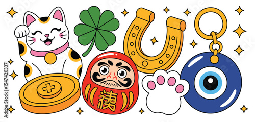 Good Luck Charms Collection Maneki Neko, Daruma Doll, Horseshoe, and More
