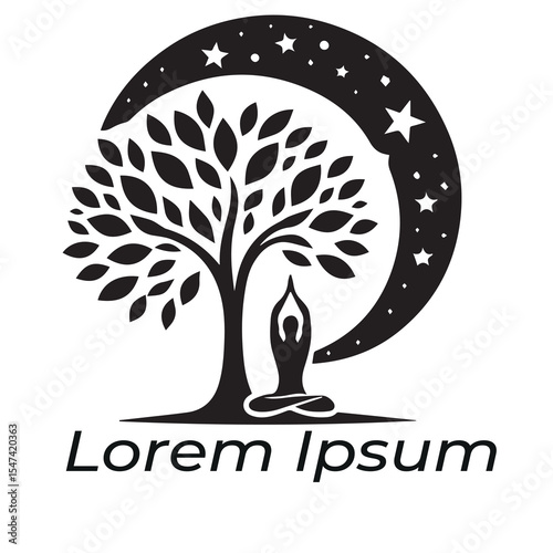 A yoga logo with a tree and a person doing yoga white background 
