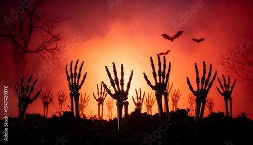 Spooky Halloween scene featuring skeletal hands rising from the ground with bats in the red sky. The atmosphere is haunting and eerie. Spooky Halloween background