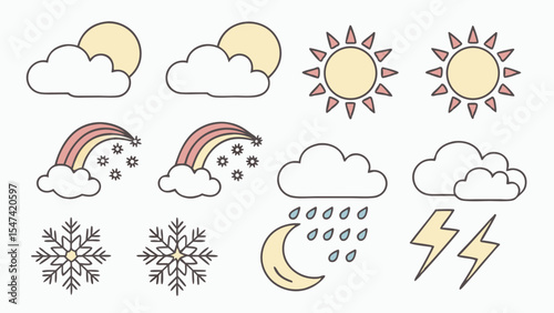 Cute pastel weather forecast icons set with sun, clouds, rain, rainbow, snow, moon, and lightning. Simple outline vector graphic illustrations for climate and seasons.