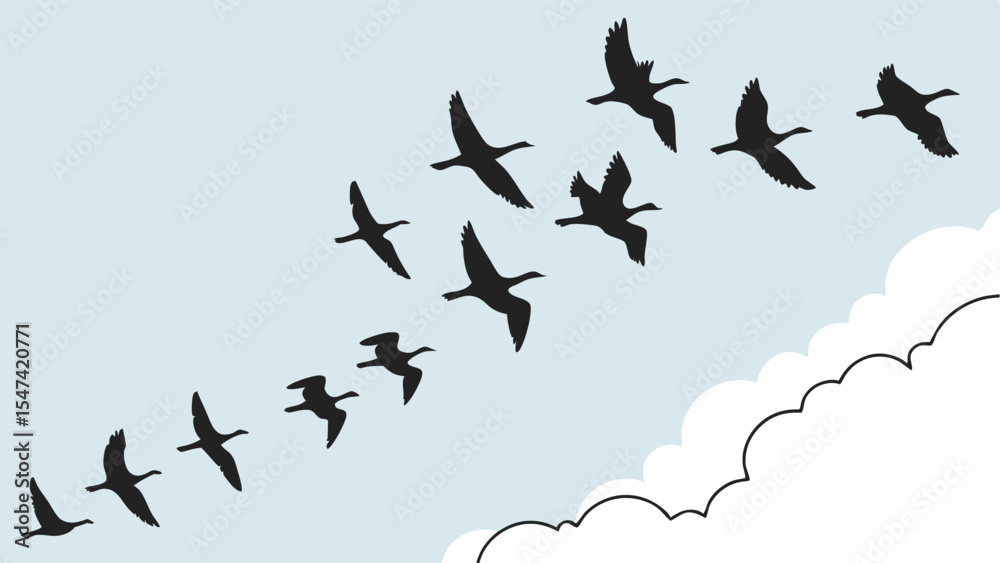 Obraz premium Black silhouette vector illustration of migratory birds flying in V-formation across a blue sky with white clouds, symbolizing teamwork and journey.