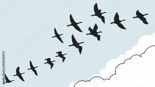 Black silhouette vector illustration of migratory birds flying in V-formation across a blue sky with white clouds, symbolizing teamwork and journey.