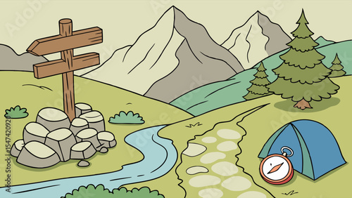 Cartoon illustration of a scenic outdoor landscape with mountains, river, hiking path, tent, compass, and signpost for camping and adventure.
