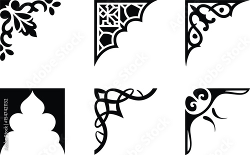 Collection of black ornamental corner vector designs featuring floral, geometric, swirl, and abstract patterns
