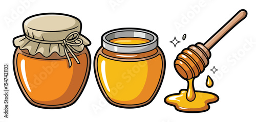 Sweet Honey Jars and Dipper Cartoon Illustration