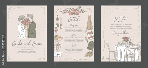 Collection of Romantic Wedding Occasion Invitation template Hand drawn style illustration design of Bride and Groom with Table setting and details