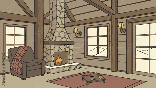 Cozy rustic log cabin living room with a warm stone fireplace, comfortable armchair, plaid blanket, and snowy mountain views from large windows. Perfect winter retreat home.