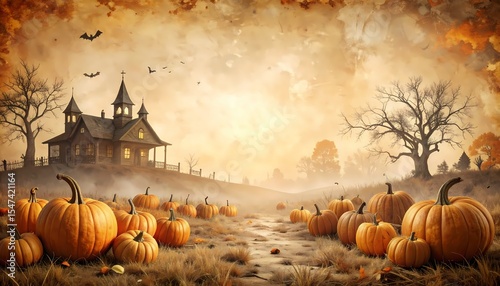 Halloween pumpkin patch with spooky mansion and a clouded sky background. Spooky Halloween background