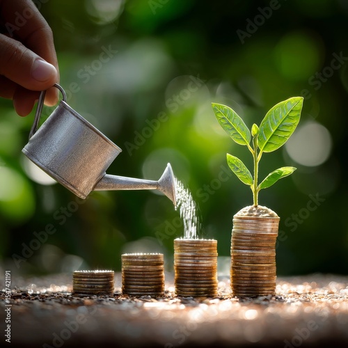 Growing Investment:  A Miniature Watering Can Gently Nurturing a Sapling Emerging from a Stack of Coins, Symbolizing Financial Growth and Prosperity Amidst a Lush Green Background
