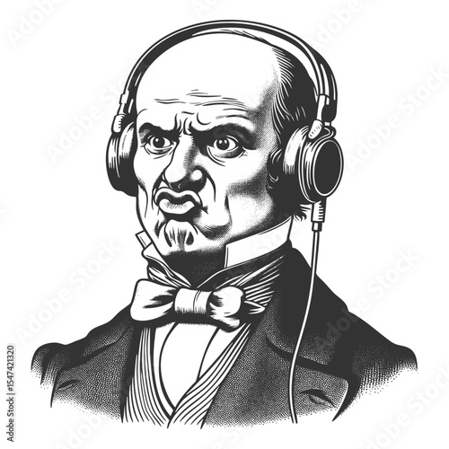 Funny bald man with a sour expression, wearing modern headphones in humorous contrast sketch engraving generative ai fictional character vector illustration. Scratch board imitation. Black and white.