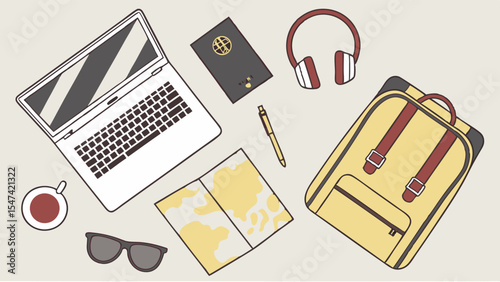Minimalist travel essentials flat lay illustration with laptop, backpack, headphones, map, and passport on a neutral background for adventure planning.