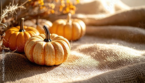 Sunlit mini pumpkins on burlap surface with autumn foliage