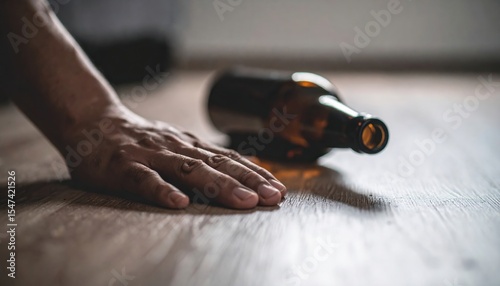 Male caucasian hand on floor near empty beer bottle suggesting alcoholism