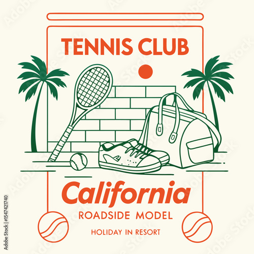 Retro California Tennis Club Graphic Green Orange Tennis Racket Shoes Bag Palm Trees Brick Wall