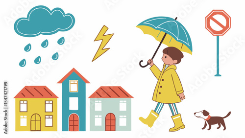Cute cartoon boy in yellow raincoat and boots with blue umbrella, walking dog. Rainy day scene with houses, rain cloud, lightning bolt, and stop sign vector.