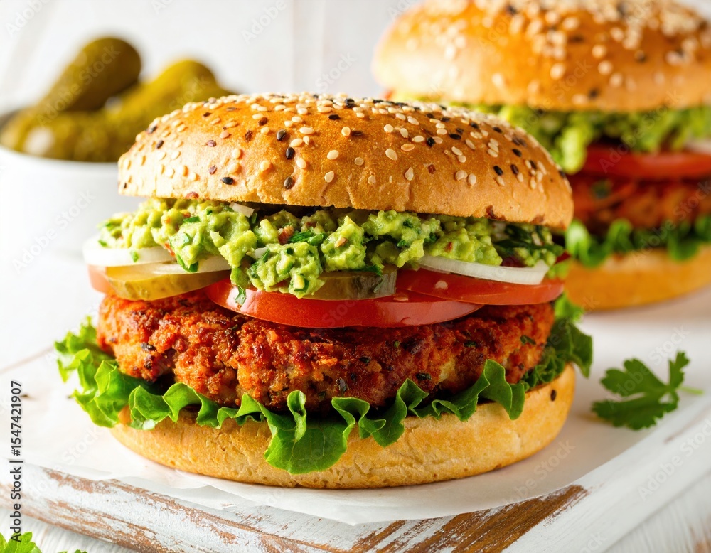 Delicious veggie burger with avocado topping on a sesame bun Delicious veggie burger with avocado topping on a sesame bun