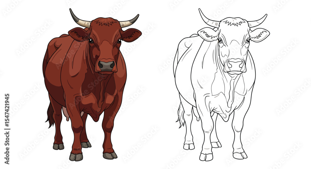 Fototapeta premium Eringer Cow Coloring Page Featuring Realistic Colored and Clear Outline Bovine Design