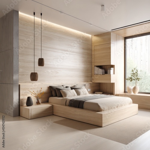 Modern bedroom with light wood finishes and a neutral palette to create a peaceful space.