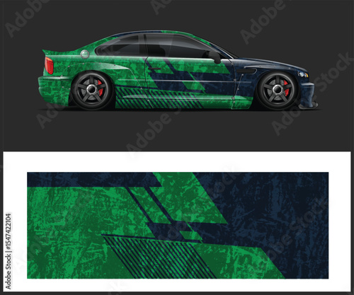 Green and Blue Sports Car with Matching Graphic Design Template