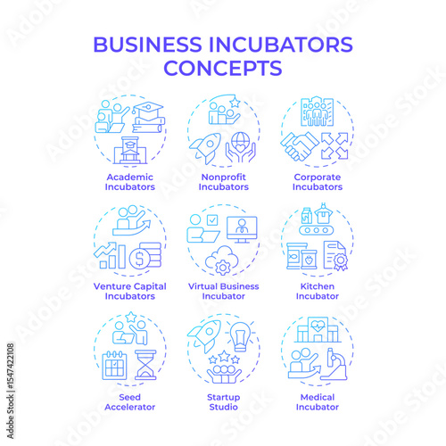 Business incubators blue gradient concept icons. Venture capital, funding. Academic, nonprofit. Icon pack. Vector images. Round shape illustrations for infographic, brochure. Abstract idea