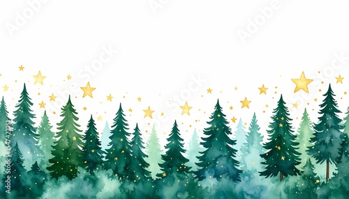 Watercolor painting of evergreen forest with golden stars. Perfect for Christmas or winter themed designs. Aesthetic Christmas background