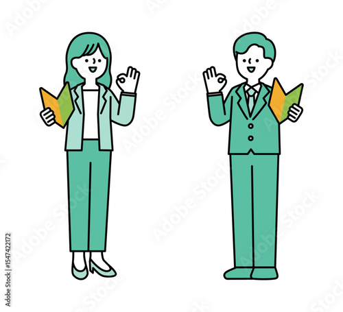 初心者マークを持ってポジティブなポーズをとるビジネスパーソンの全身イラスト素材