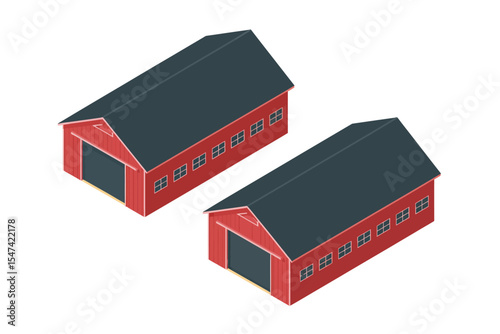 Two Red Barns with Dark Roofs Isometric View