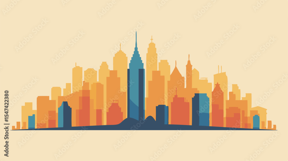 Obraz premium Cityscape Silhouette with Dominant Skyscrapers and Warm Tones Style Illustration of Urban Skyline