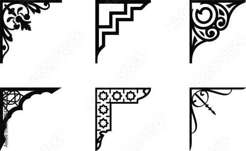 Collection of elegant black decorative corner designs with floral, geometric, swirl, and ornamental motifs