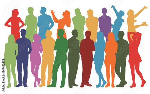 Colorful Crowd Silhouettes Diverse Group of People in Various Poses on White Background
