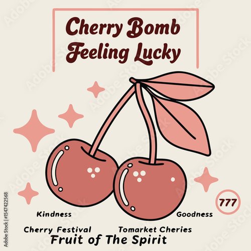 Two Juicy Red Cherries with Stem and Leaves Retro Style Illustration Cherry Bomb Feeling Lucky Design