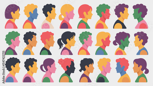 Colorful Illustration of Diverse People's Profiles in Rows, Featuring Various Hairstyles and Skin Tones