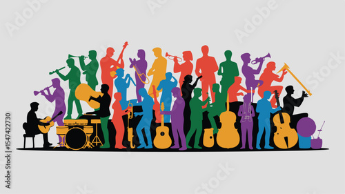 Colorful Musicians Silhouettes Playing Diverse Instruments, Including Guitars, Trumpets, and Drums on a Gray Background