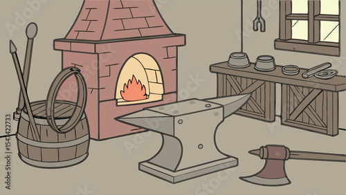 Detailed cartoon illustration of a traditional blacksmith's forge with a glowing brick furnace, anvil, workbench, and tools in an old-fashioned workshop setting