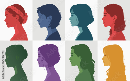 Colorful Portrait Illustration Featuring Eight Unique Women in Profile with Various Hairstyles and Colors