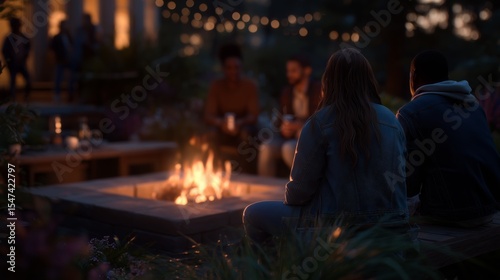 Evening gathering around a cozy fire pit in a garden setting during twilight with friends sharing stories and laughter