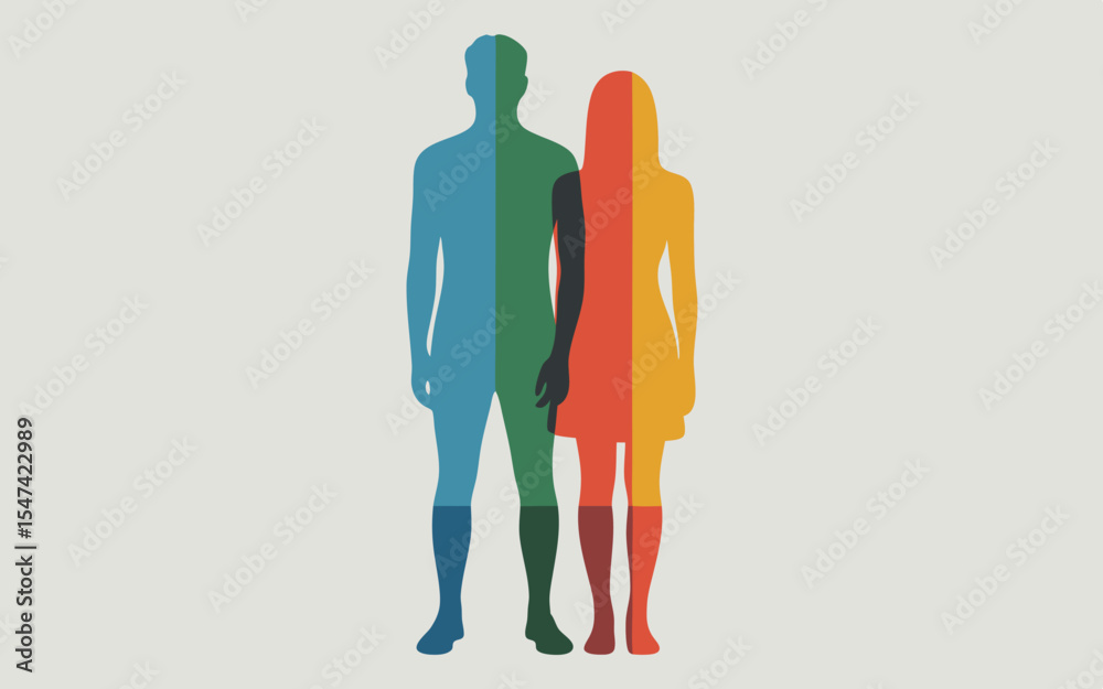 Obraz premium Colorful Silhouette of Man and Woman Blue, Green, Red, and Yellow Design on Light Gray