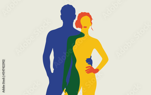 Colorful Silhouette Illustration of Man and Woman Embracing, Expressing Connection and Love on Cream Background