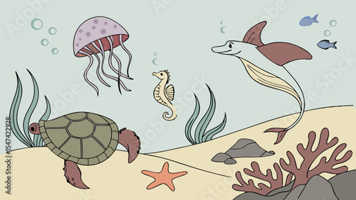 Illustrated cartoon underwater scene with a happy dolphin, sea turtle, jellyfish, seahorse, starfish, and fish swimming among coral and seaweed on the ocean floor.