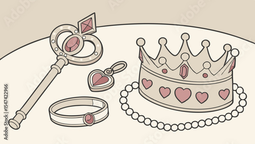 Whimsical cartoon illustration of magical princess accessories including a jeweled crown, heart wand, pearl necklace, pink gem bracelet, and heart pendant.