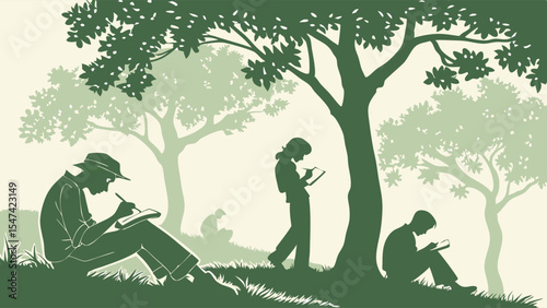 Peaceful green silhouette illustration showing people reading, writing, and sketching outdoors under trees, highlighting nature-based learning and creativity.