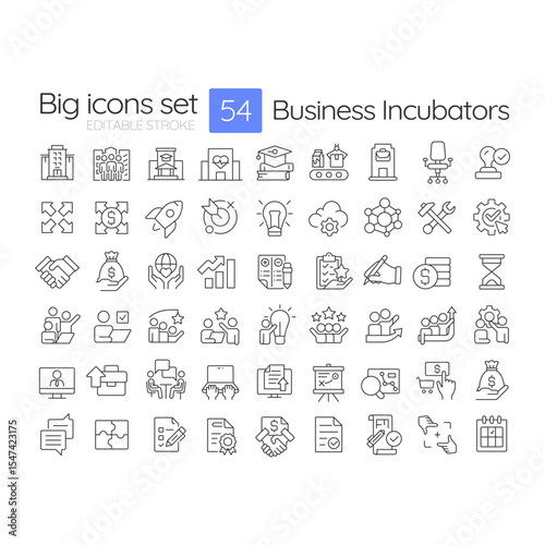 Business incubators line icons set. Investment strategy. Company, startup. Teamwork, partnership. Isolated vector outline illustrations. Thin lineart iconset symbols. Editable stroke