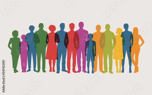 Colorful Silhouettes of Diverse People Standing Together, Community Illustration, Demographic Representation