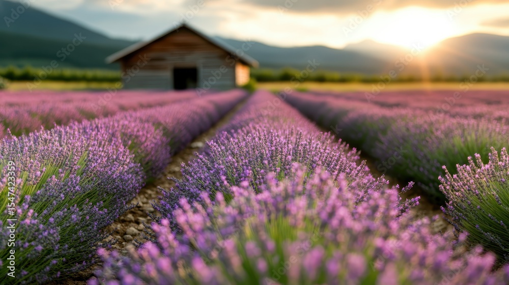 Obraz premium Beautiful lavender fields stretch towards a rustic cabin as the sun sets, creating a serene scene filled with soft purple hues, evoking peace and tranquility in nature.