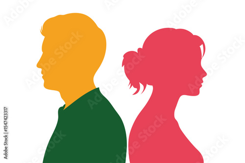 Colorful Silhouettes of Man and Woman BacktoBack on White Background Symbolizing Relationship Issues