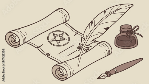 Vintage occult writing set with an antique scroll featuring a pentagram, a feather quill pen, an inkwell, and a dip pen, in a sepia-toned line art style.